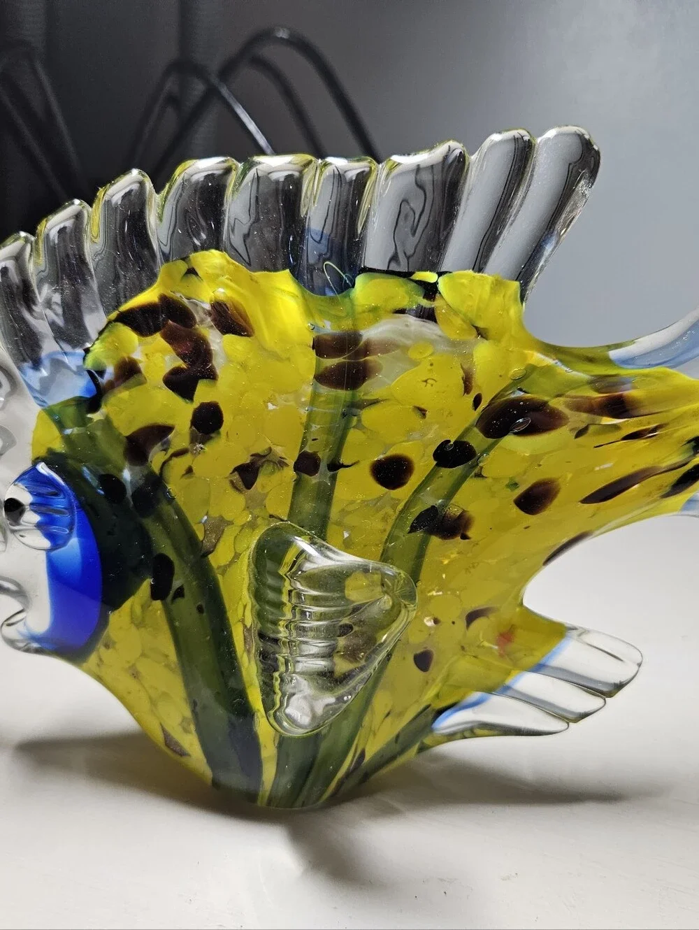 Vintage Hand Blown Art Glass Fish Figurine Murano Style Yellow Blue Speckled